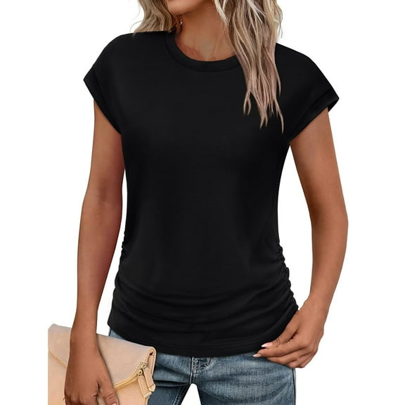 Womens Tops, Short Sleeve T Shirts Round Neck Cute Tunic Tops Basic Tees Blouses Loose Fit Pullover Tshirts For Women 3/4 Tops Backless Animal Print Tops Shacket Tank Tunic (M, Black) ZMTing