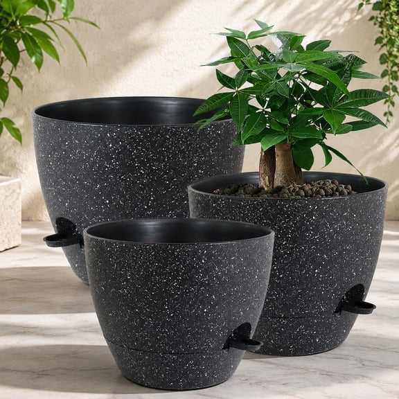 Large Self Watering Planters, 12/10/9 inch Plastic Pots with High Drainage Holes and Deep Reservoir, Indoor Outdoor Garden Flower Plant Containers, Black Speckled