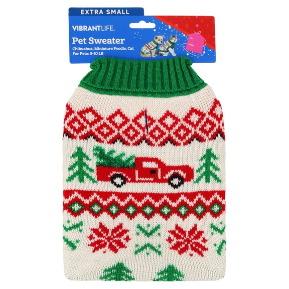 Vibrant Life Holiday Christmas Tree Truck Sweater for Dogs and Cats, Multicolor, XS