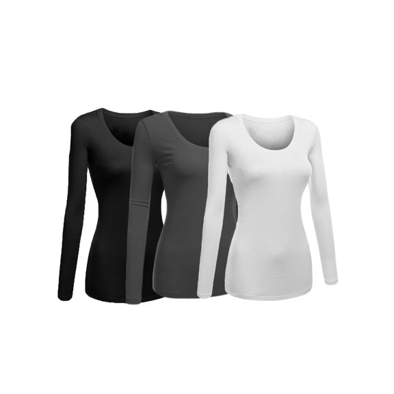 Emmalise Women's Junior and Plus Size Basic Scoop Neck Tshirt Long Sleeve Tee, Medium, 3Pk Black, Charcoal, White