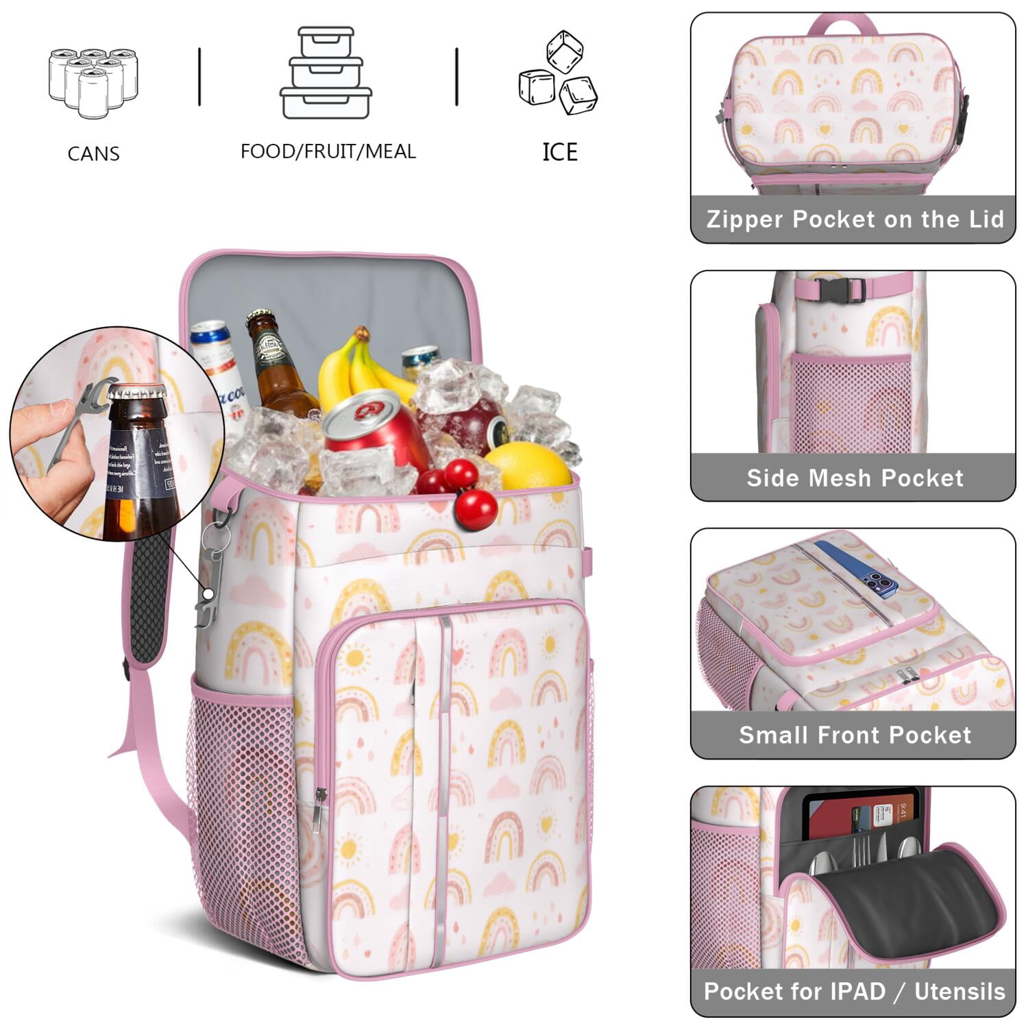 Camping Cooler Backpack 26 Cans,Soft Backpack Coolers Insulated Leak Proof Travel Cooler Bag Waterproof Lunch Picnic Beach Work Trip Thermal Bag Drink Beverage Beer Bag Cooler Rainbow Cartoon