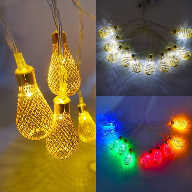 Lattice Pattern Openwork Teardrop LED Star String Lights Gold Iron 10-Light Battery Powered Romantic Christmas Holiday Room Garden Garland Decoration 64.96in Length