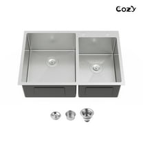 COZY 33″x22″ Stainless Steel Kitchen Sink, Double Bowl in Brushed Nickel, Overmount Handmade Sink, with US Standard Drain and Hook, SS-BR03D-332208