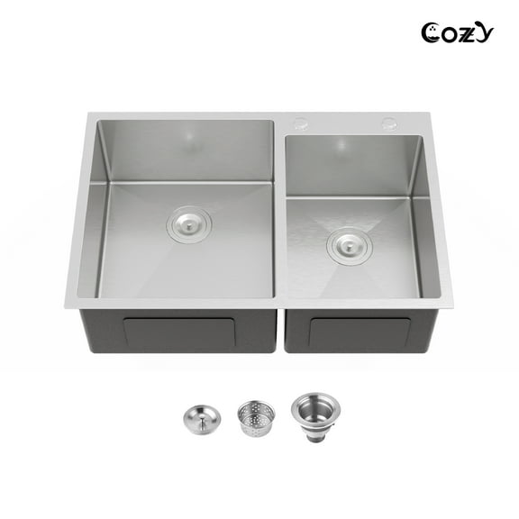 COZY 33″x22″ Stainless Steel Kitchen Sink, Double Bowl in Brushed Nickel, Overmount Handmade Sink, with US Standard Drain and Hook, SS-BR03D-332208