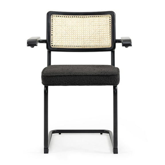 Glamour Home Set of 2 Black Boucle Fabric Dining Chair Rattan Backrest and Black Iron Legs