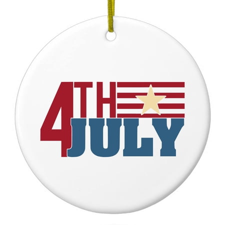 DistinctInk Hanging Ceramic Christmass Tree Ornament with Gold String - Great Gift / Present - 2 3/4 inch diameter - 4th of July Word Art USA Flag