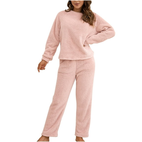 Alkepwun Lounge Sets for Women Loose-Fit Casual Comfortable Thickened Fleece Homewear Set Long-Sleeve Crew Neck Pullover Top Elastic Waist Straight Leg Pants Sleepwear Walks Strolls Suit