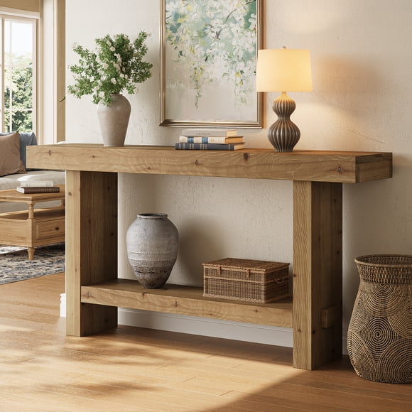Tribesigns 63-inch Solid Wood Console Table, 2-Tier Narrow Farmhouse Entryway Table for Hallway, Entrance, Living Room, Behind the Couch, Light Brown