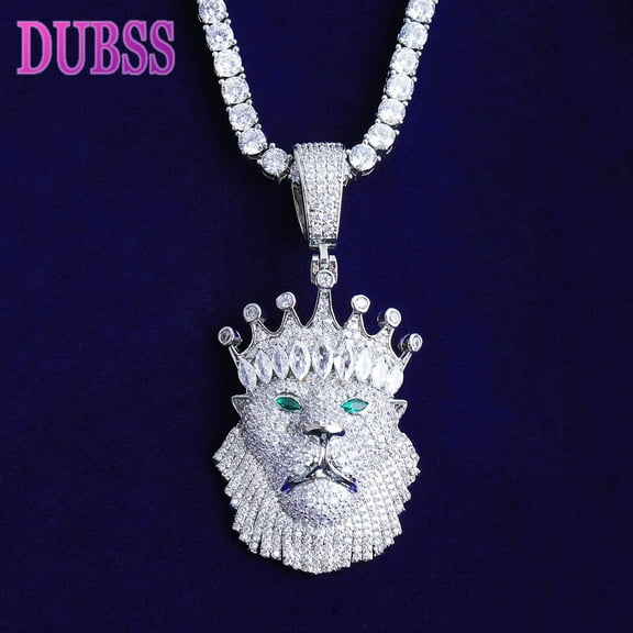 DUBSS Iced Out Crown Lion Green Eye Necklace Pendant for Men Real Gold Plated 5A Cubic Zirconia Hip Hop Jewelry