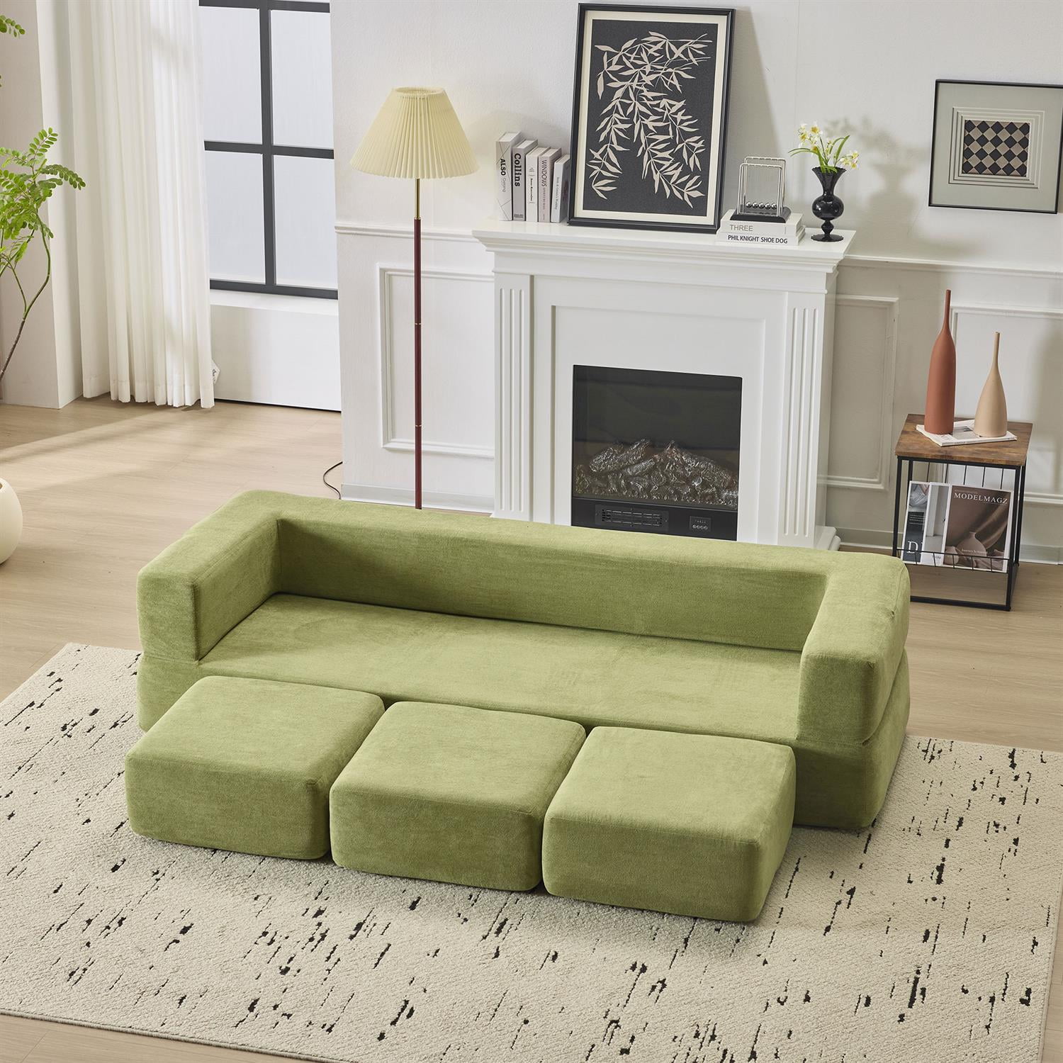 Demi Bonn Convertible Sectional Sofa with 3 Storage Ottomans, Space-Saving Chenille Couch, High-Resilience Foam for Studio Apartments & Home Offices, Green