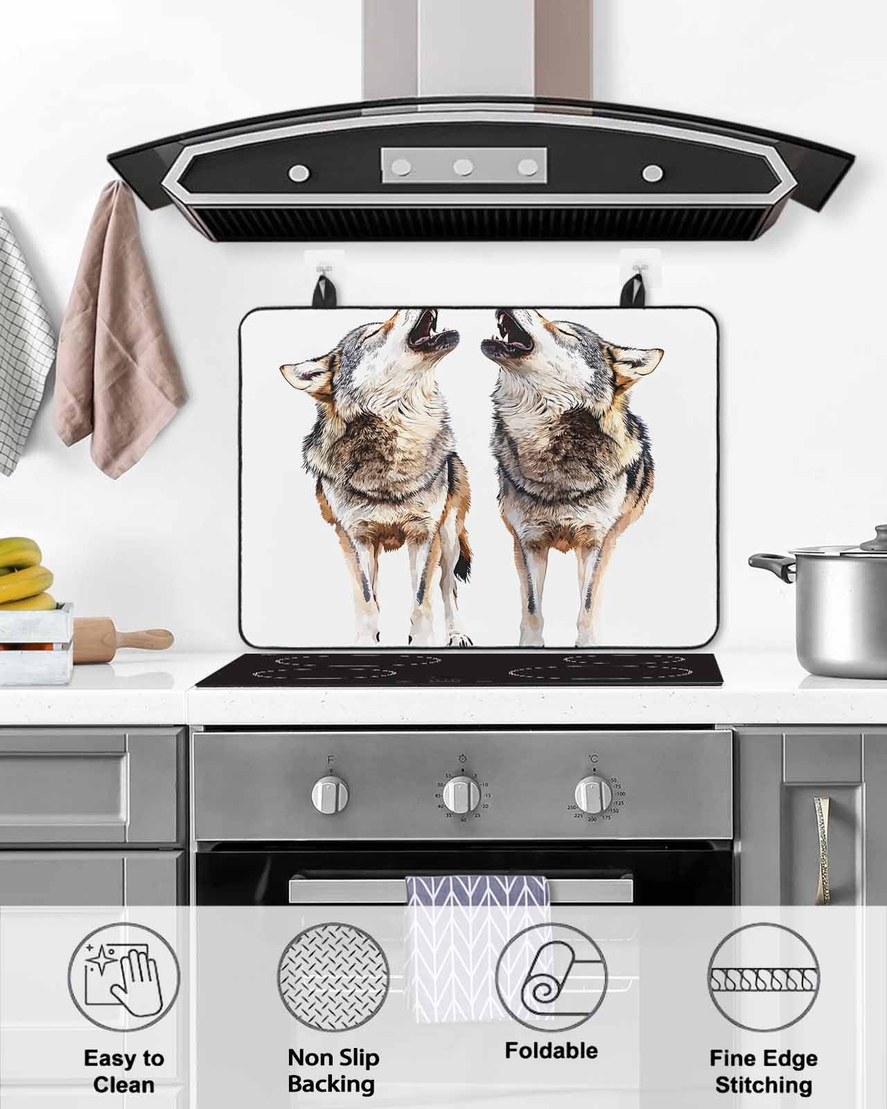 nqOlkjepod Large Induction Cooktop Protector Mat 24"x21", Modern Wolves Stove Top Covers for Electric Stove, Abstract Watercolor Animals Print Stove Burner Cover Mats, Glass Top Stove Cover
