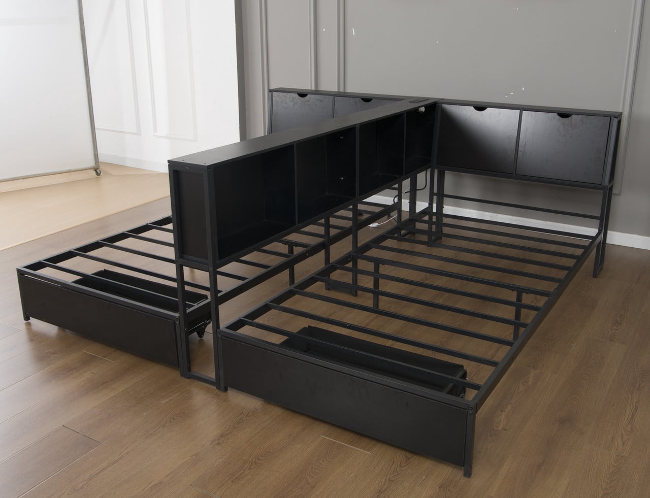 2 x Twin Size Metal Platform Bed Frame with Storage Headboard, Detachable Daybed with LED Lights, Drawers and Side Shelves