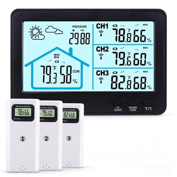 AILKIN Weather Stations for Home with 3 Outdoor Sensor,Wireless Indoor Outdoor Thermometer with Humidity Monitor,Backlight,Weather Stations for Home Large Dispaly,Black
