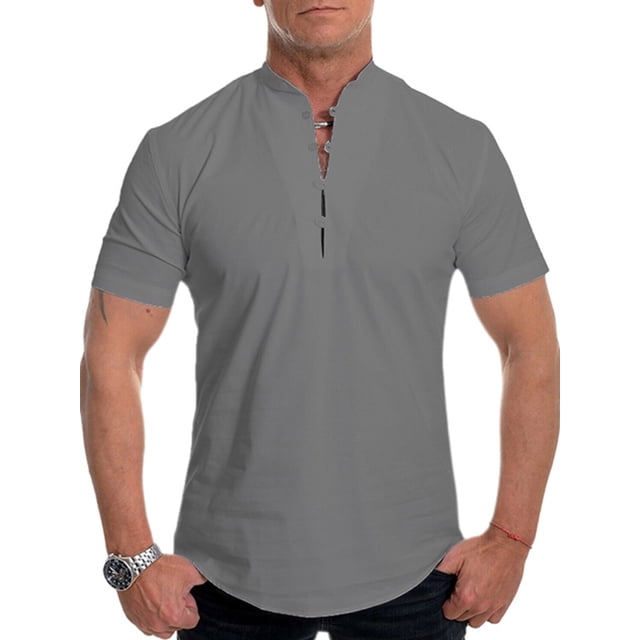 Tenmix Mens Buttons Blouse Loose Fit Summer Tops Short Sleeve Daily Wear T Shirts Henley Neck Basic Tee Gray 5XL