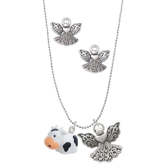 Delight Jewelry Resin Black and White Cow Silver tone Guardian Angel Charm Necklace and Stud Earrings