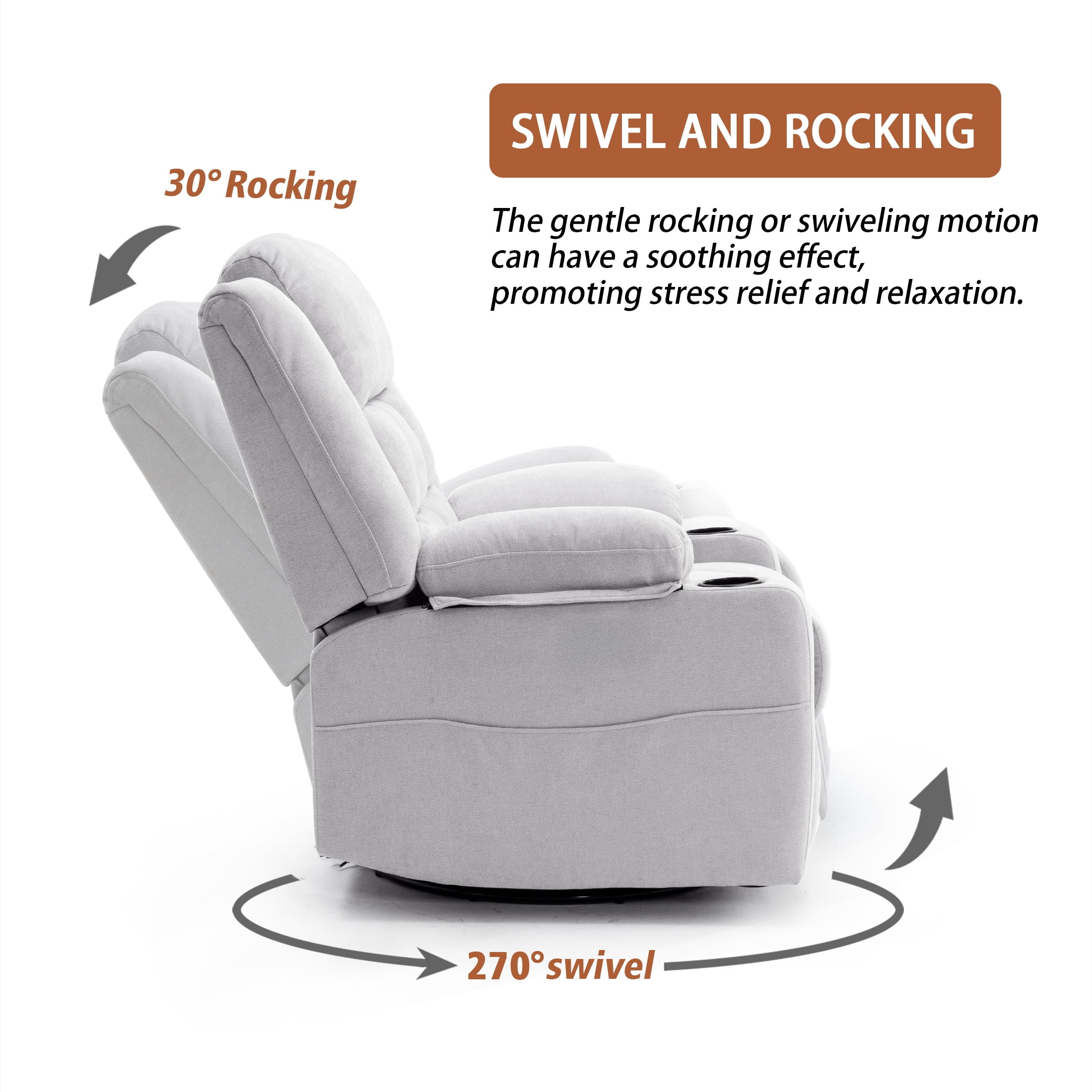 Sfxingyou  Power Swivel Rocker Recliner Massage Chair, USB and Type-C Ports, Electric Recliner Glider Reading Chairs Living Room, Upholstered Soft Fabric Reclining Sofa Chair,Grey