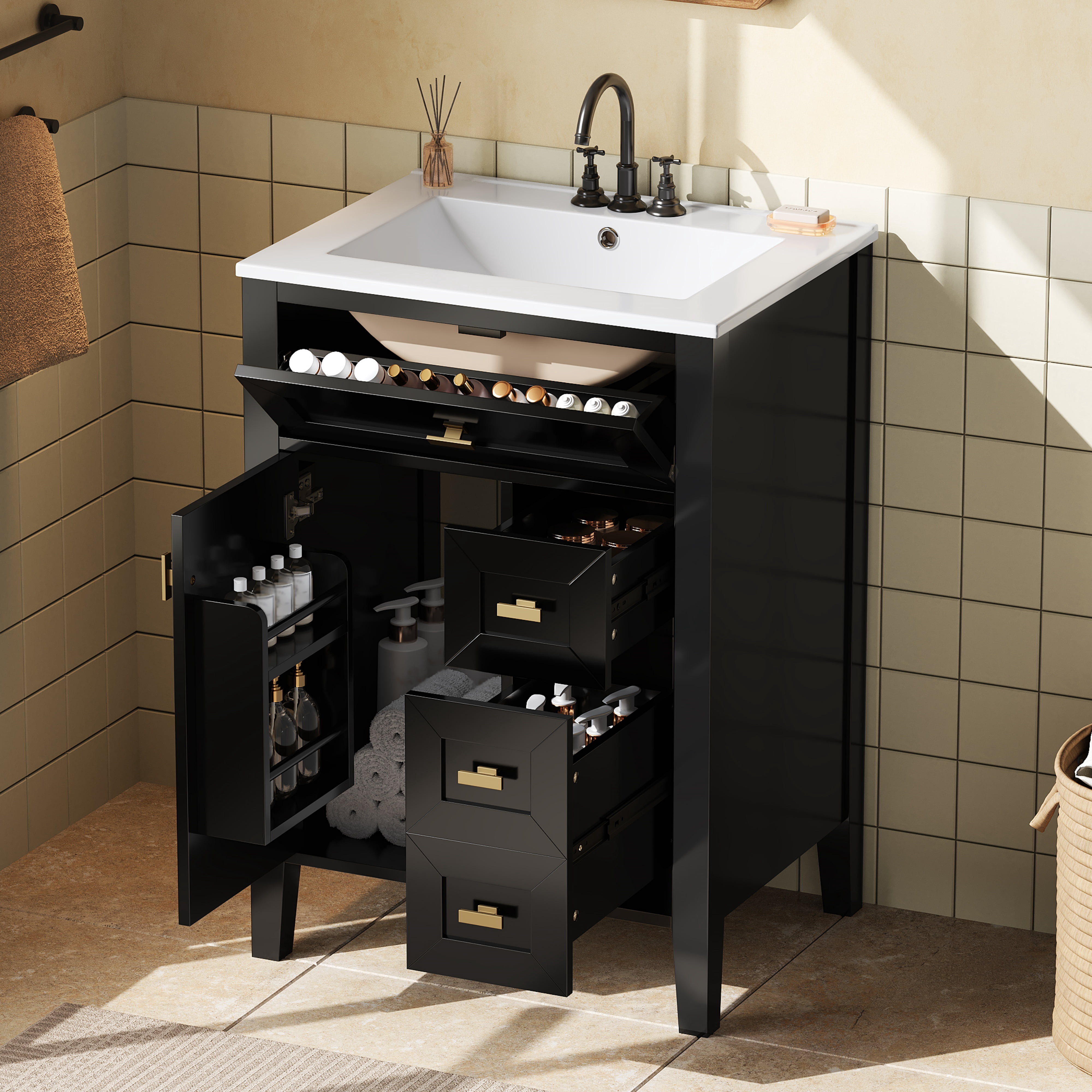 24" Bathroom Vanity with Sink, MDF & Rubberwood Construction, 3 Drawers & Cabinet with 2-Tier Door Storage Rack, Soft-Close Door & Drawers, Modern Design for Small to Medium Bathrooms