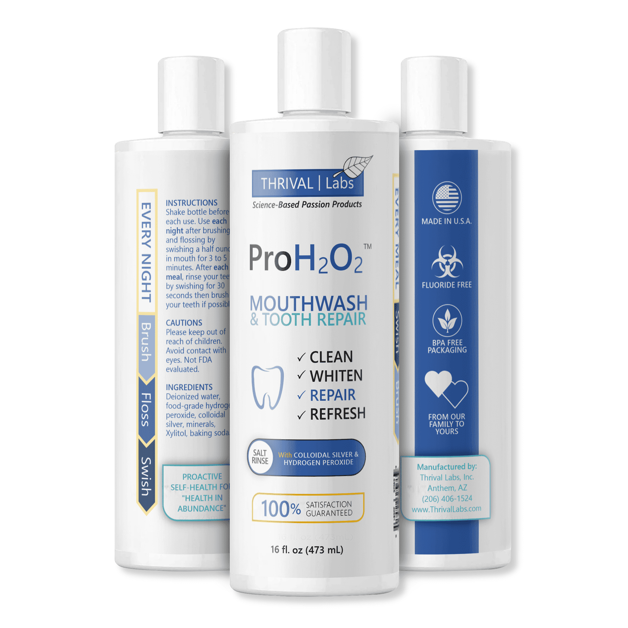 ProH2O2 Natural Mouthwash, Salt Swish, & Tooth Repair by Thrival Labs, Press Top Dispensing, Family 4-Pack