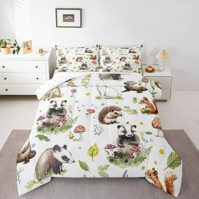 Erosebridal Ensembles de Literie Faune d'Animaux de la Forêt Double avec Couette, Insert de Couette Hérisson Écureuil, Réversible 3 Pcs