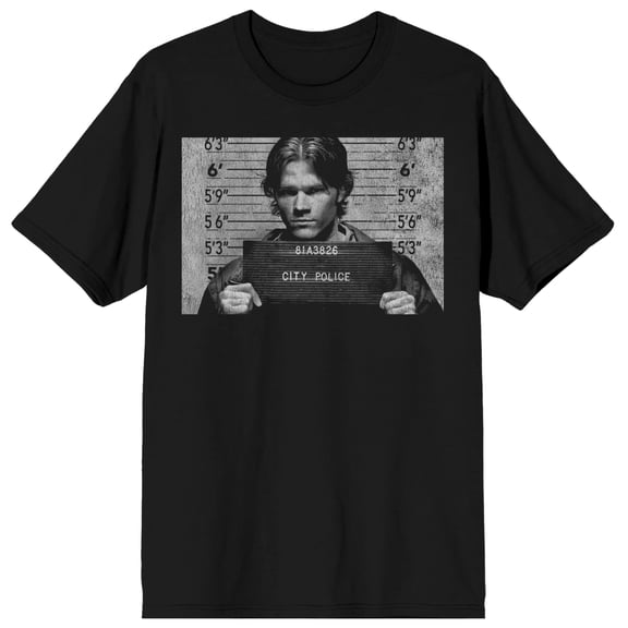 Supernatural Sam Mugshot Adult Black Crew Neck Short Sleeve T-shirt