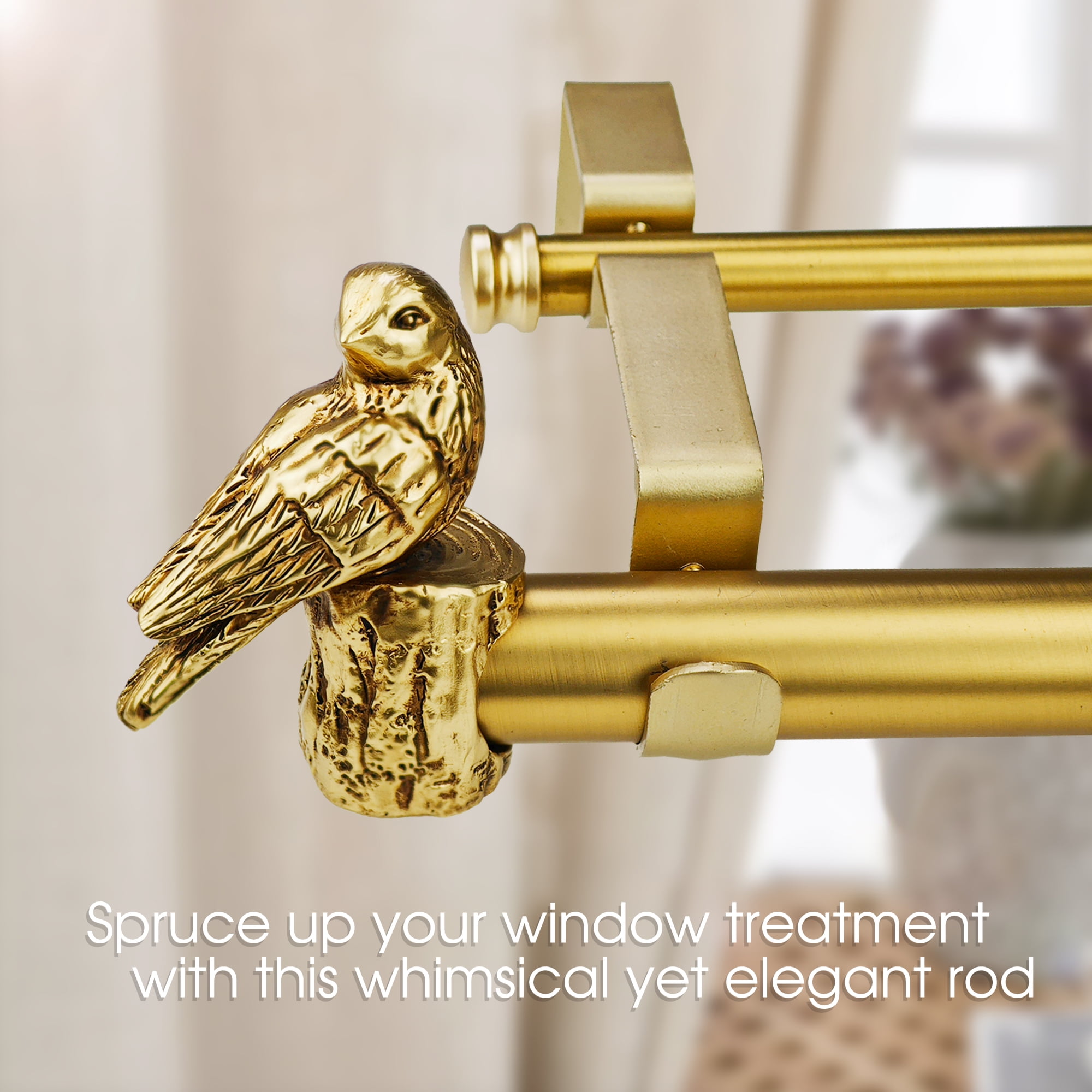 1-1/8 Inch Diameter Gold Curtain Rod with Bird Design Finials, 36-72''