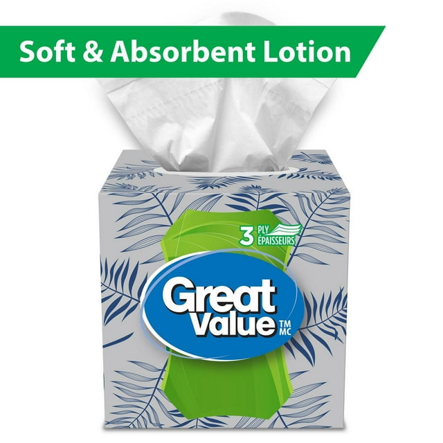 Great Value, Facial Tissues with Lotion, 65 Tissues per Box