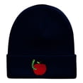 thumbnail image 5 of School Worm Apple Embroidered Long Knitted Beanie - Navy OSFM, 5 of 5
