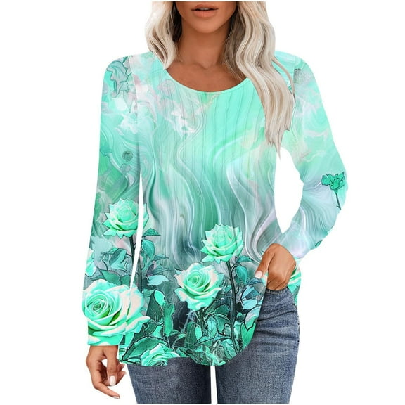 hxobax Women Long Sleeve Crewneck Crewneck Shirt Floral Tunic Tops Pleated Blouse Pullover Basic Tee