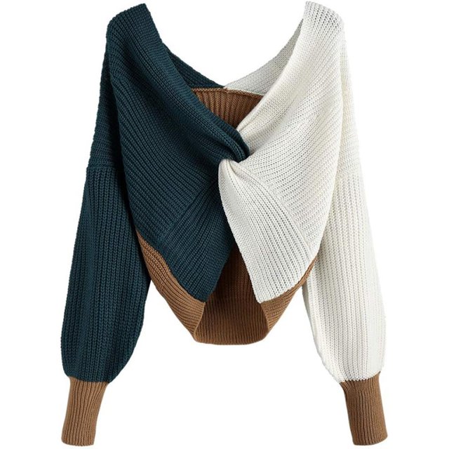 Jersey de punto elegante con cuello en V y bloques de color para mujer
