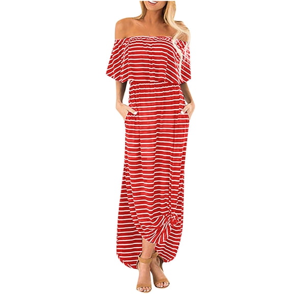 Henpk Summer Dresses for Women Striped T Shirt Dress Casual Midi Dress Short Sleeve Sundress with Pockets Womans Shoulder Stripe Printing Sexy Skirt Off-The-Shoulder Long Dress Red M