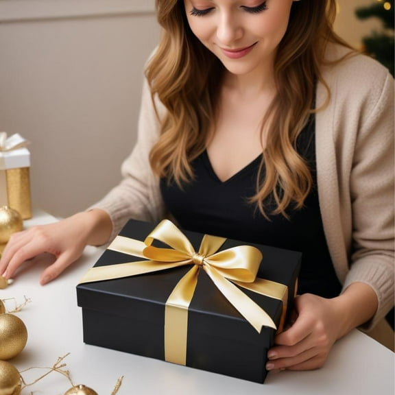 Black Gift Box with Lid and Ribbon - Cardboard Collapsible Gift Box for Birthdays, Weddings, Holidays, and Special Occasions (8.9x6.3x3.4 IN)