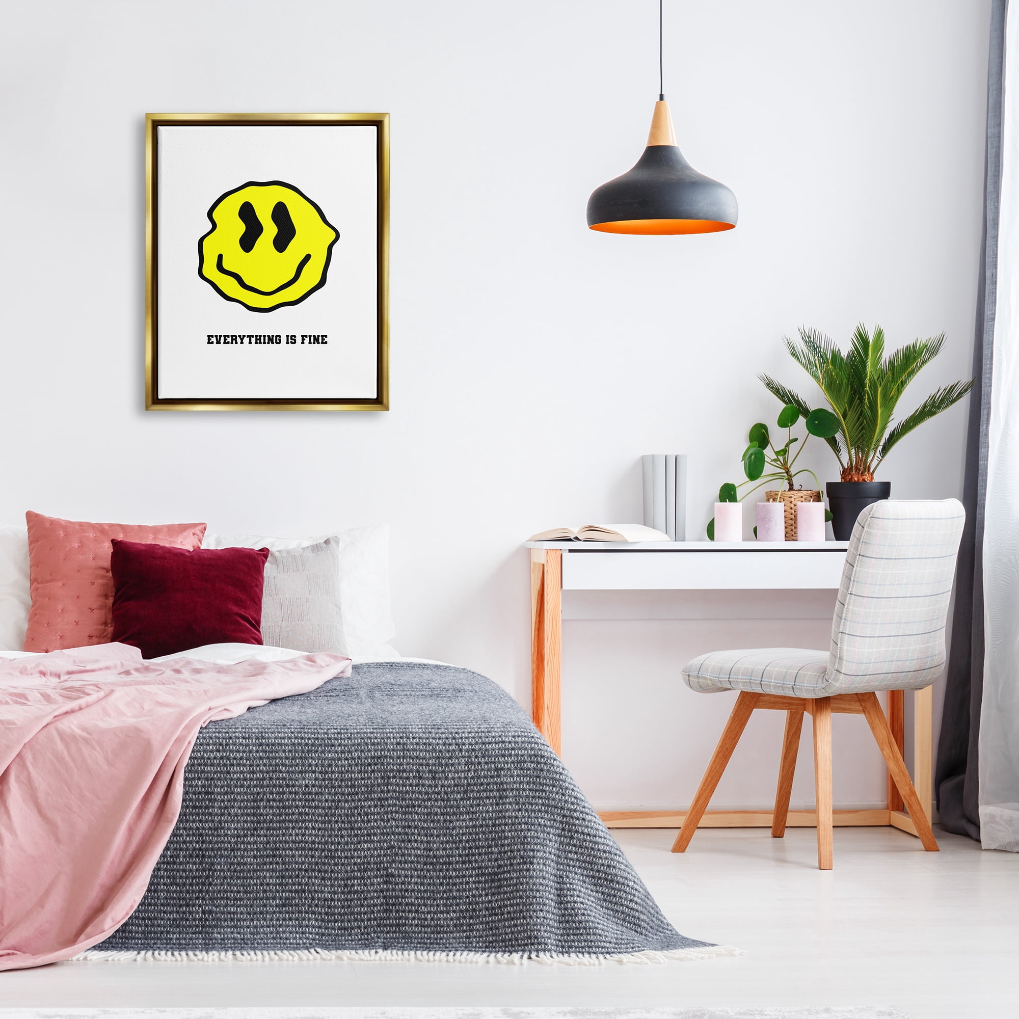Stupell Industries Everything is Fine Smiley Abstract Painting Gold Floater Framed Canvas Art Print Wall Art, 25 x 31