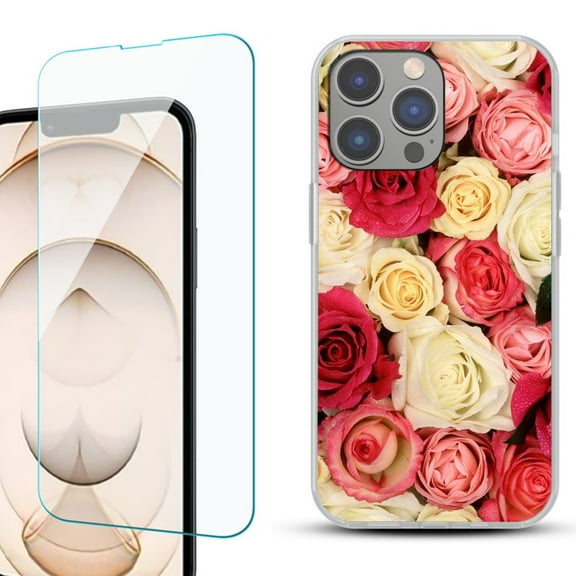 OneToughShield ® for iPhone 15 Pro Max Shockproof Fashion Phone Case, with Tempered Glass Screen Protector - Rose Bouquet