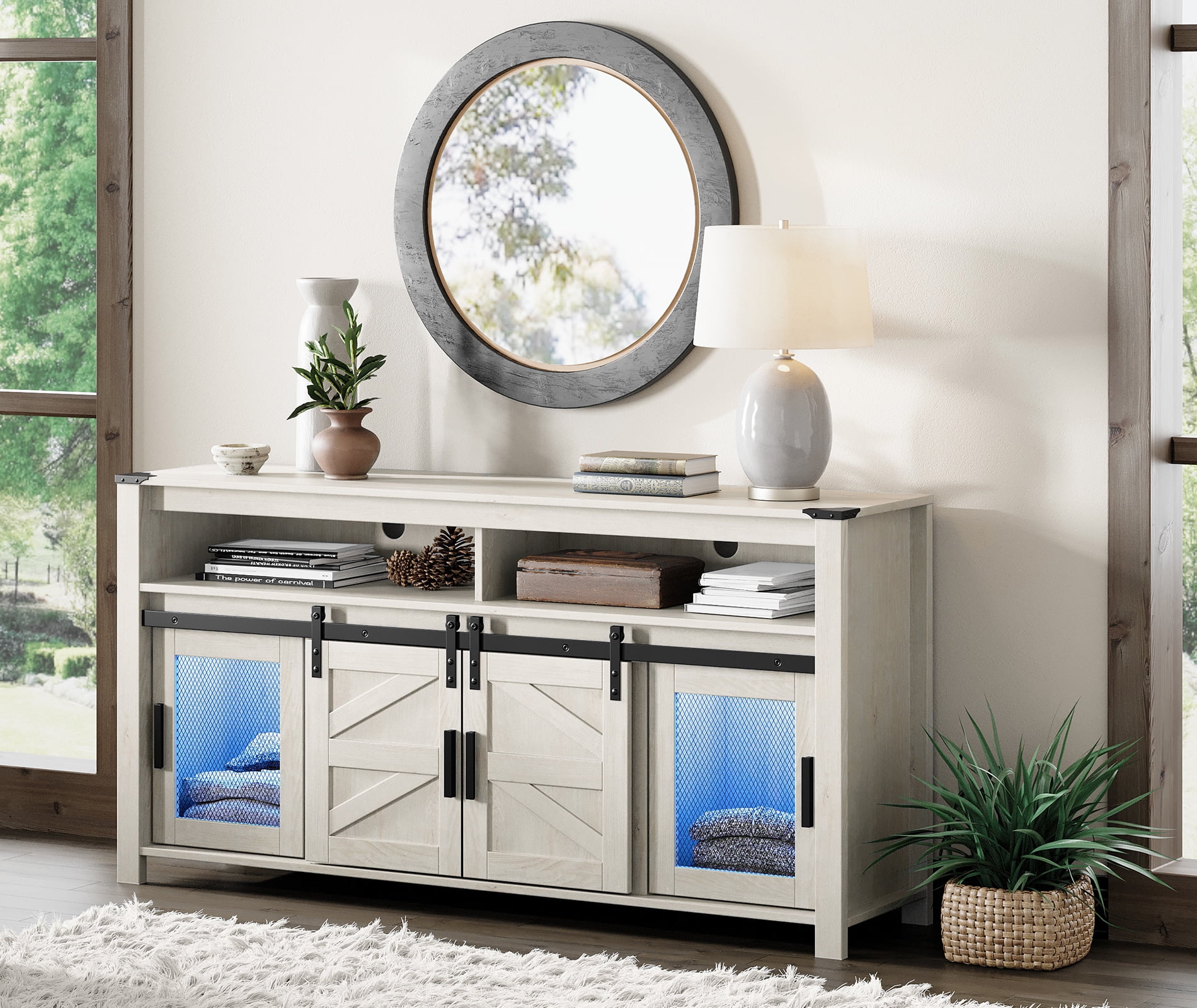 Farmhouse Barn Door TV Stand with Blue LED Lights Strips for TVs up to 65", Antique White Entertainment Center with Adjustable Shelf for Living Room, Bedroom