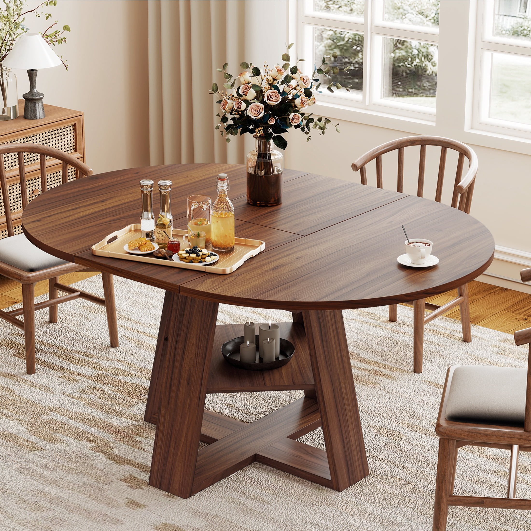 Hawsaiy 43.3-59 in Extendable Oval Dining Table for 4-6, Space-Saving Round Kitchen Table with Hidden Leaf Storage & Bottom Shelf for Small Space, Walnut