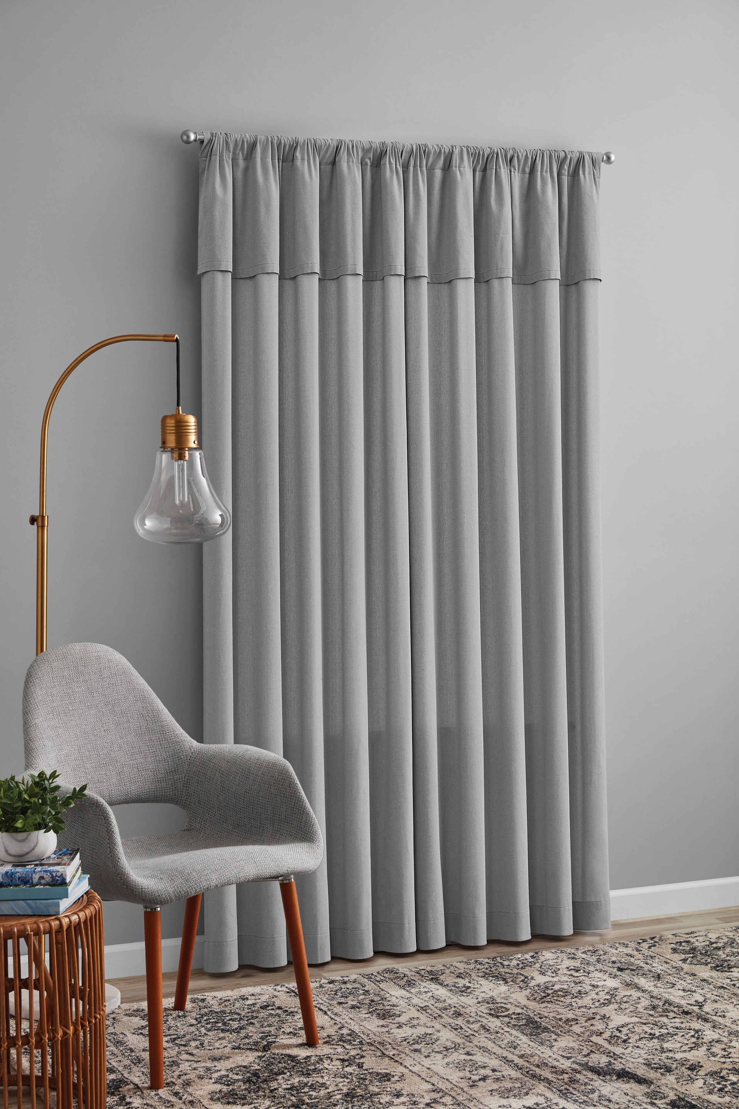 Mainstays Farmhouse Light Filtering Curtain Panel with Attached Valance, 1 Panel, Silver, 50” W x 84” L