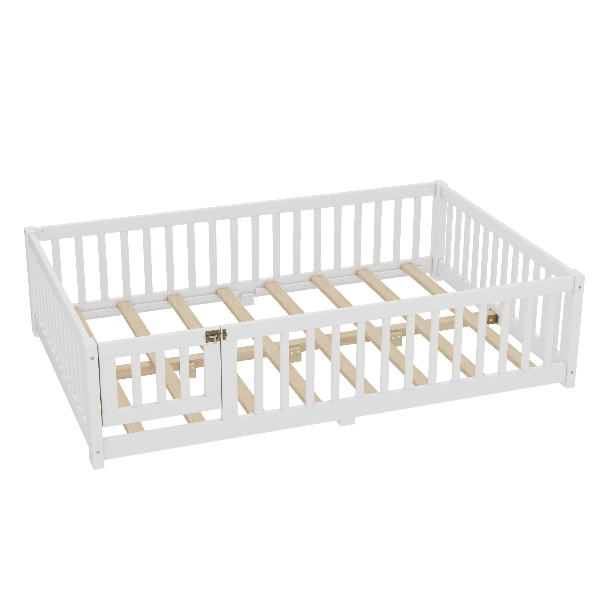 Jopath Full Size Floor Bed Frame,Montessori Bed with Guardrails and Door,with Slatted Base,for Kids,Boys,Girls,White