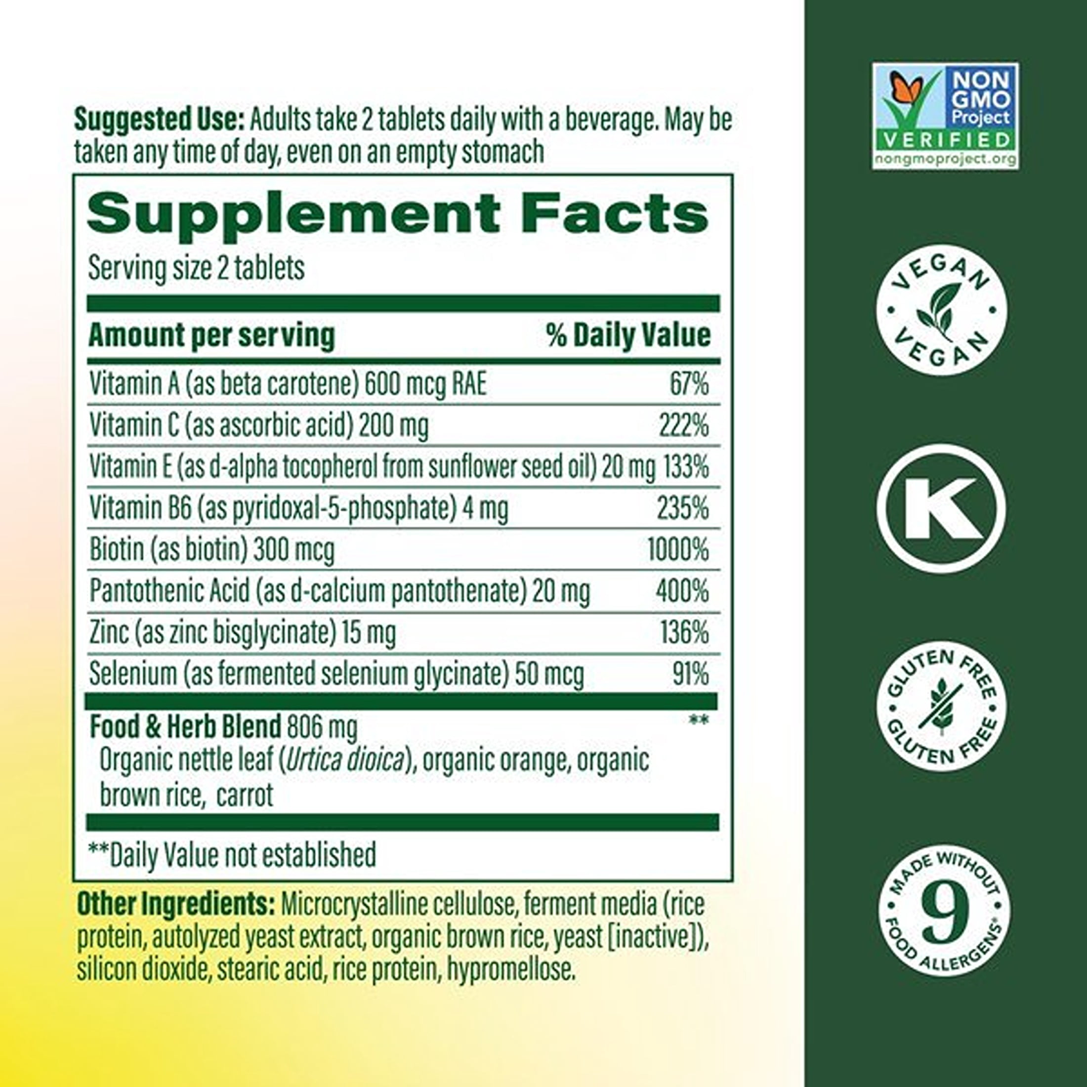 MegaFood Skin, Nails & Hair 2 - Biotin, Zinc & Vitamins A, C, B6 & E - Vegan - 30 Servings