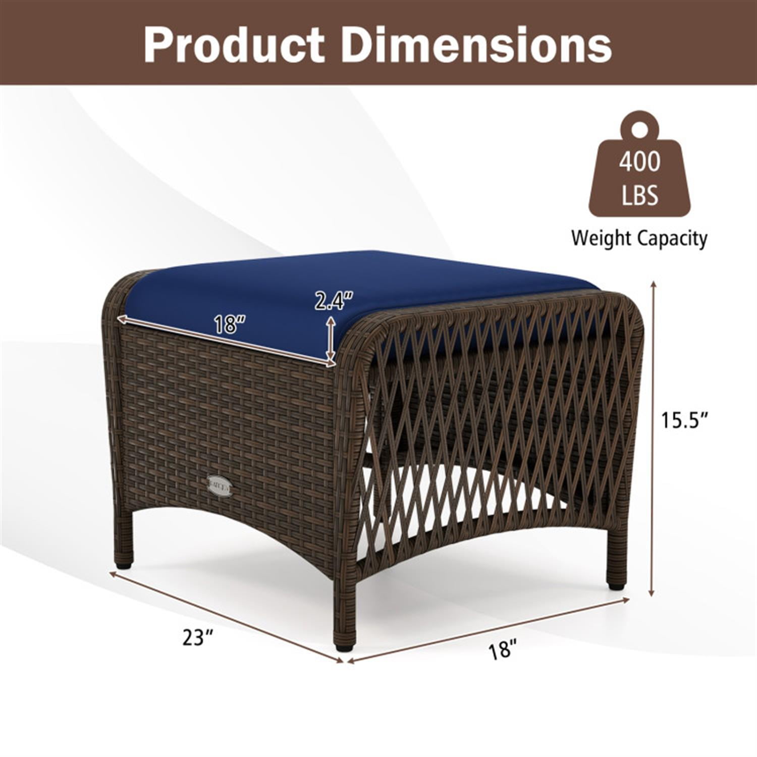 Demi Bonn Set of 2 Outdoor Patio PE Wicker Ottomans with Removable Cushions for Yard, Pool or Backyard, Blue