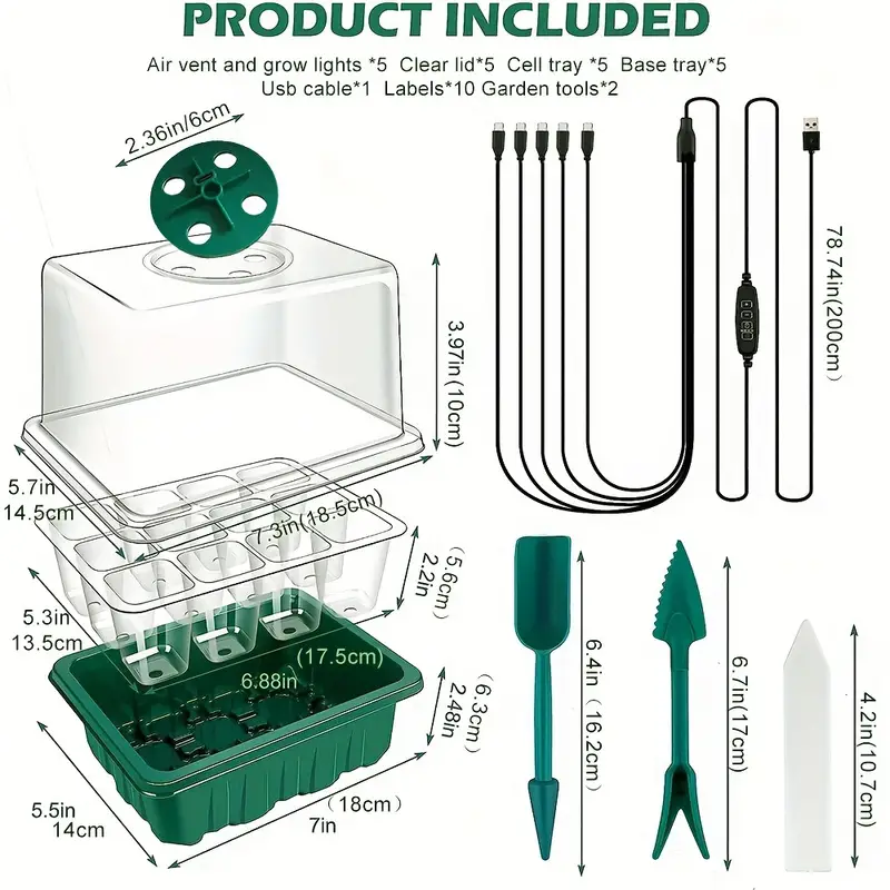 Energy-Efficient Full Spectrum LED Grow Light Kit Cell Seedling Trays - USB Powered, Button Control, Desktop Design for Home Gardening, Greenhouse Growing Trays, Plant Seed Starter Trays
