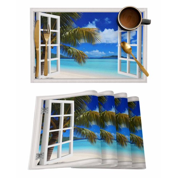 Sandy Beach Placemats Set of 1 Coconut Trees Seascape Windows View Heat Insulation Washable Place Mats, Rustic Non-Slip Table Mats for Dining Table Party Kitchen Decor,13x19 Inch