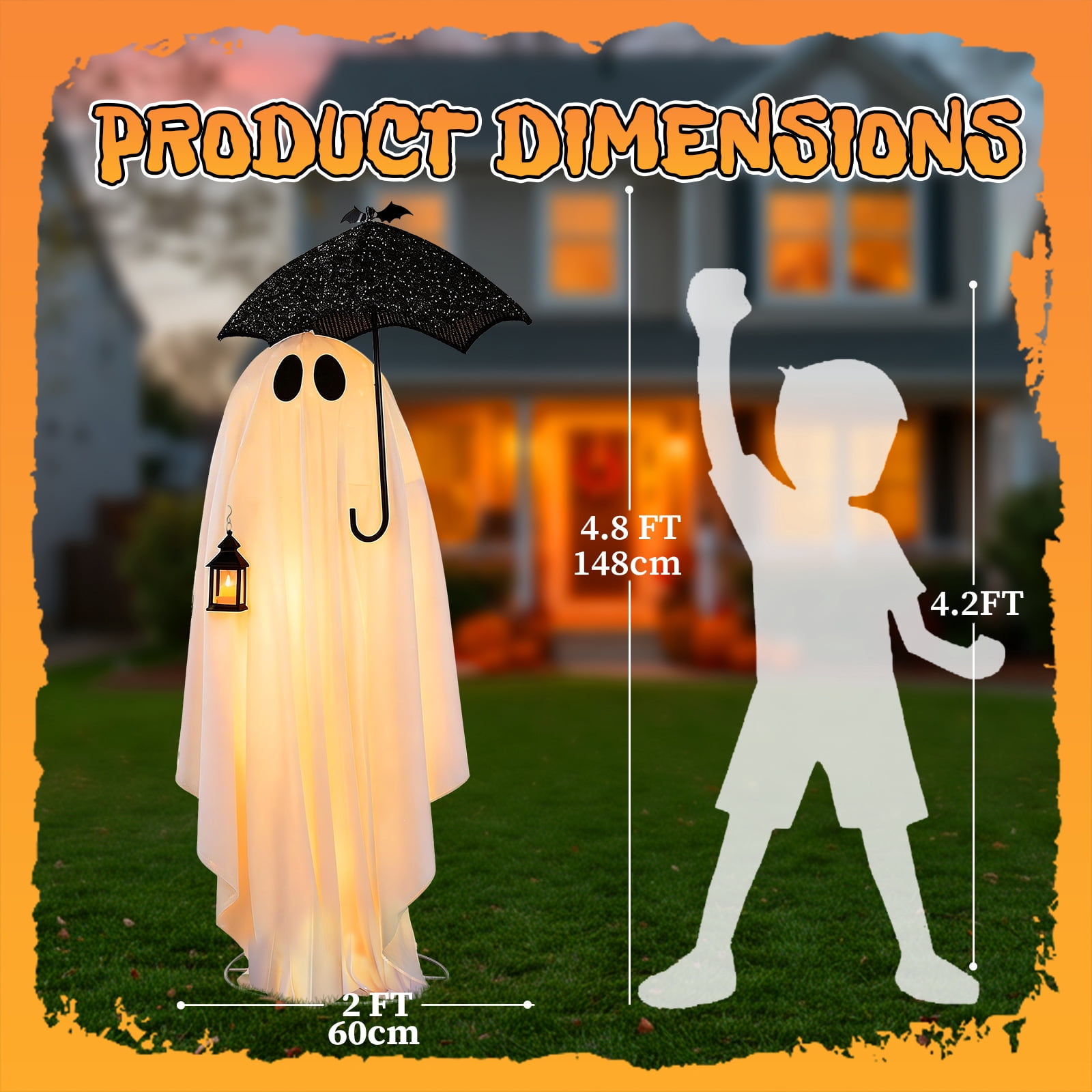 Astoutdoor 5 ft Black and White Umbrella Ghost Halloween Decoration with 100 Warm White LED Lights, 30V 3.6W Adapter, Indoor Outdoor Light-Up Decor