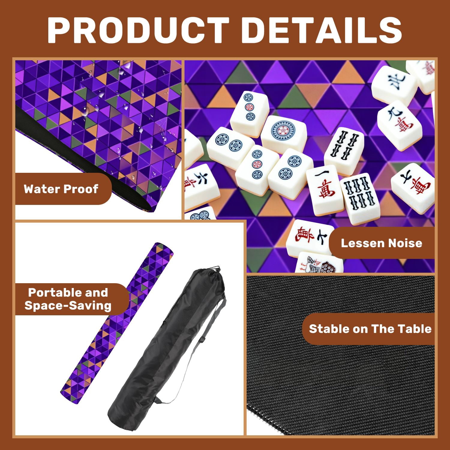 Mahjong Mat 31.5" x 31.5" Purple triangle seamless Non-Slip Noise Reduction American Mahjong Tiles Table Cover for Dominoes Poker Card Board Games Gift