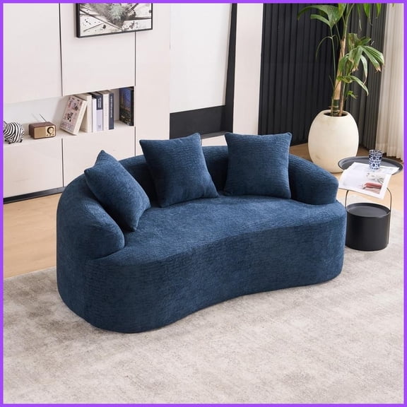 Modern Curved Chenille Loveseat - Blue 65” Compact Sofa with 3 Pillows for Small Spaces & Apartments, No-Assembly, Scratch-Resistant Fabric