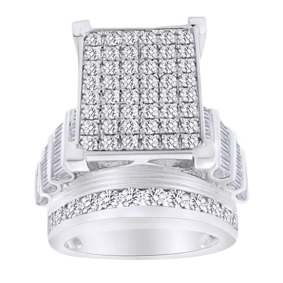 AFFY Round & Baguette Cut (1 Cttw) White Natural Diamond Cluster Engagement Ring