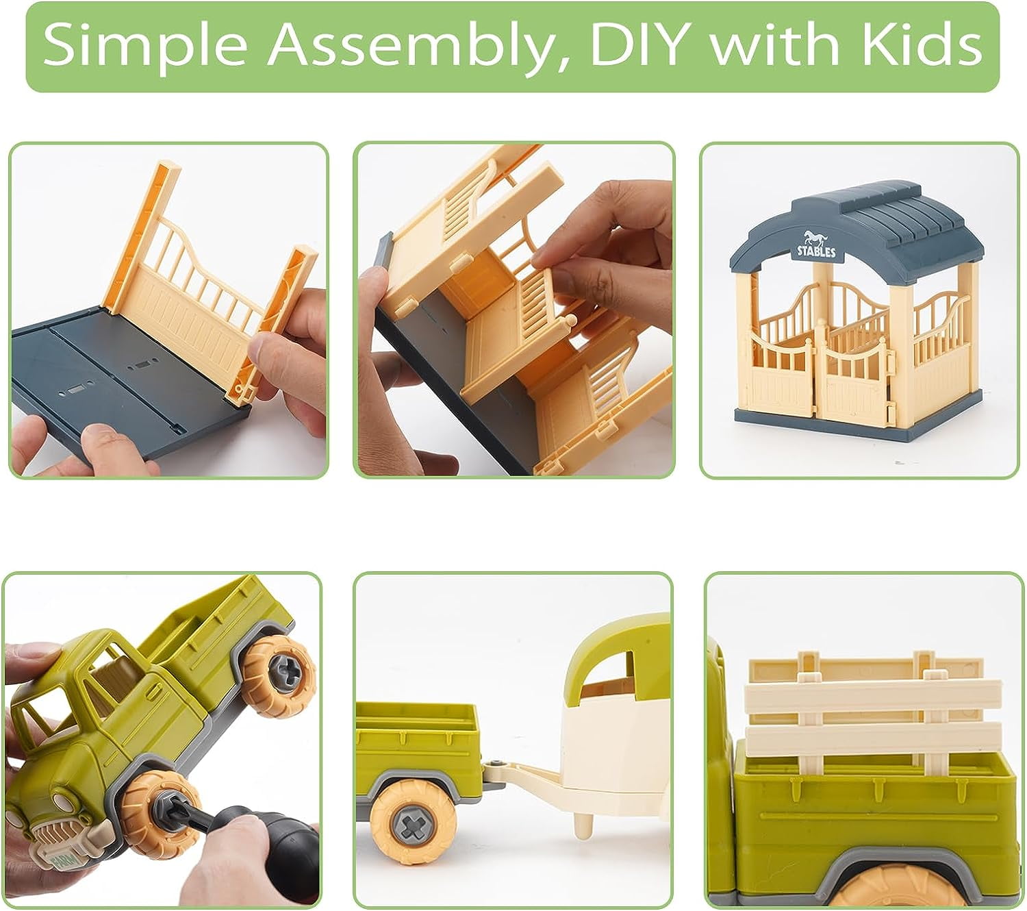 Farm Toys Play Vehicles Playset, DIY Take-Apart Truck, Trailer, Farm Animals, Horse, Lamb Figurines, Screwdriver - STEM Educational Learning Tractor Toy Play Set for Age 3-12 Years Old Kids Toddlers