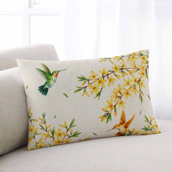 Spring Floral Throw Pillow Covers, Watercolor Forsythia Flowers Hummingbirds Beige Soft Breathable Pillow Cases with Invisible Zipper, Small Pillowcases for Couch Bed Sofa Chair 16x24 Inches