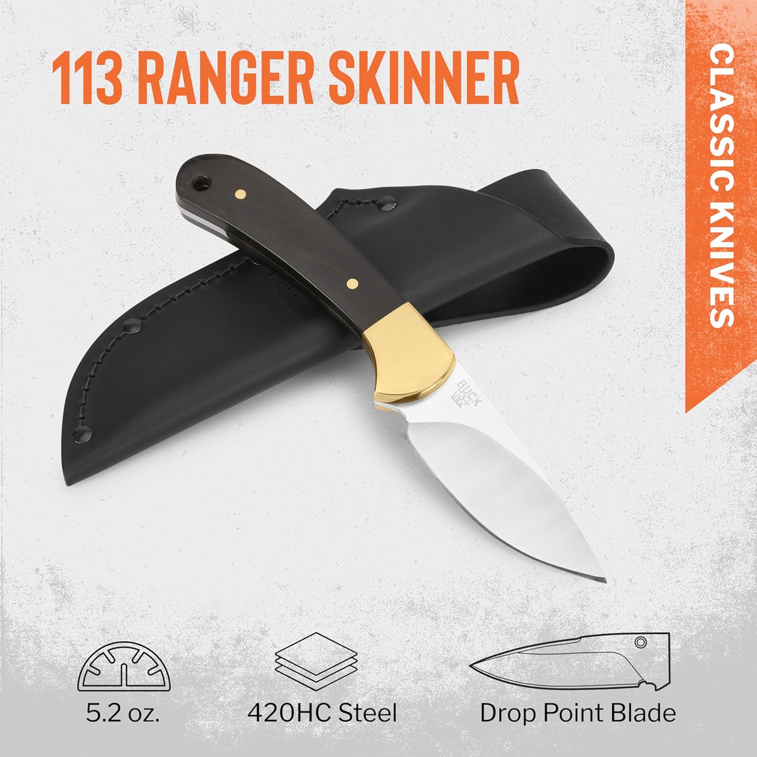 Buck Knives 113 Ranger Skinner Hunting Knife, 3-1/8" Fixed Blade, Ebony/Brass Handle, 5.2 oz
