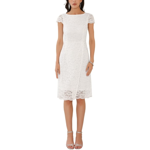 INSPIRAR CHIC Vestidos Midi de Cóctel para Invitadas de Boda con Mangas de Encaje Floral y Cuello Barco Blanco 2XL