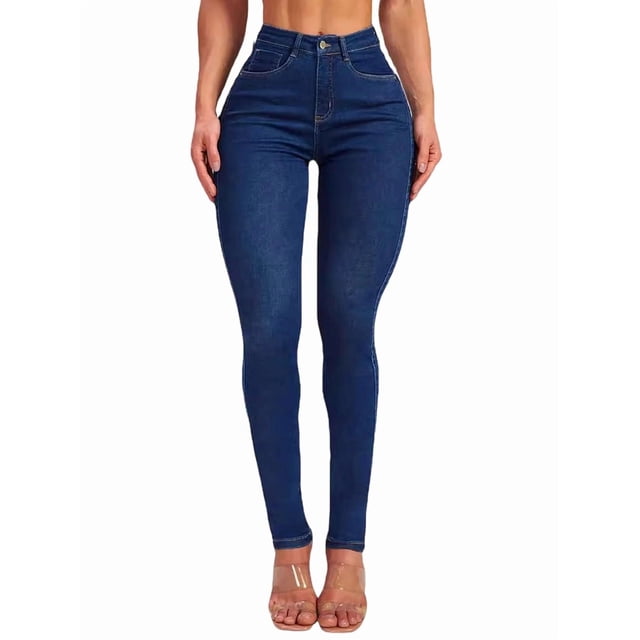 Vaqueros de Cintura Alta para Mujer, Elásticos, Ajustados, con Bolsillos, Mezcla de Algodón Suave y Transpirable Azul Oscuro L